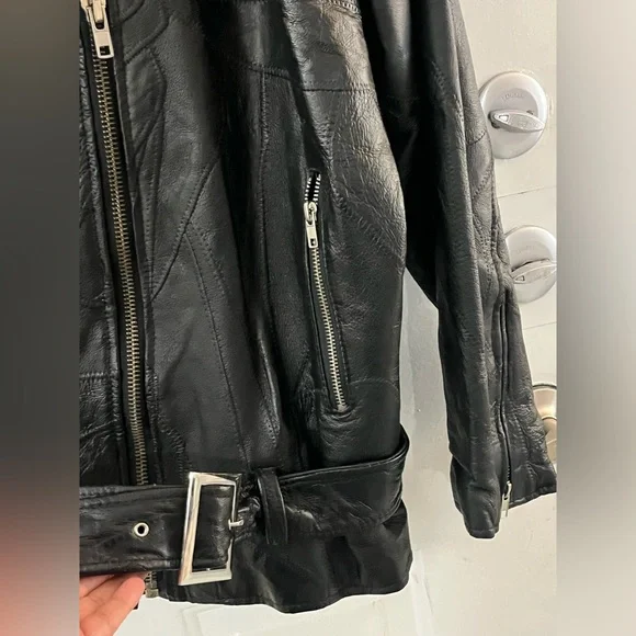 Vintage 90's Flight Path Leather Jacket Deadstock Moto Biker Patchwork Black XL